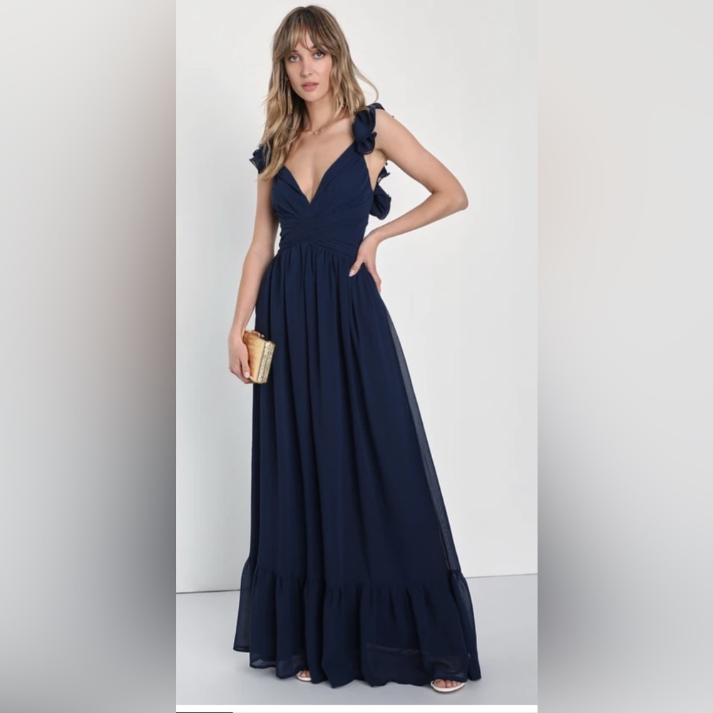 Lulus Soiree Celebration Navy Blue Ruffled Lace-Up Maxi Dress Sz M NWOT